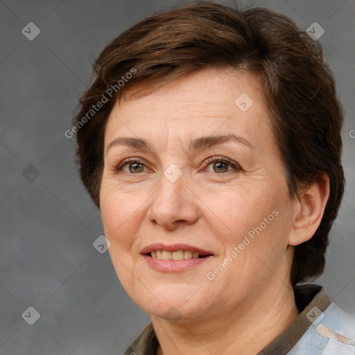 Joyful white adult female with medium  brown hair and brown eyes