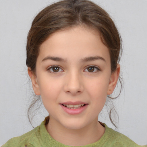 Joyful white child female with medium  brown hair and brown eyes