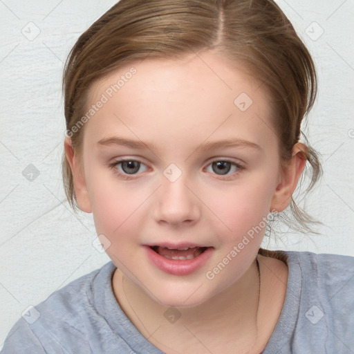 Joyful white child female with medium  brown hair and blue eyes