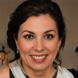 Joyful white adult female with medium  brown hair and brown eyes