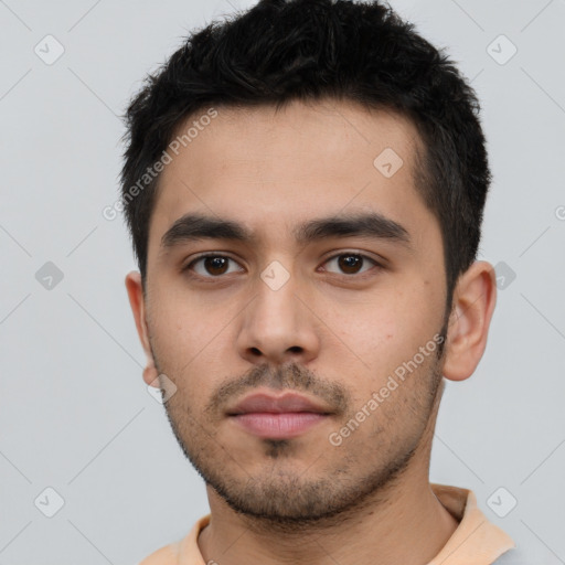 Neutral asian young-adult male with short  black hair and brown eyes