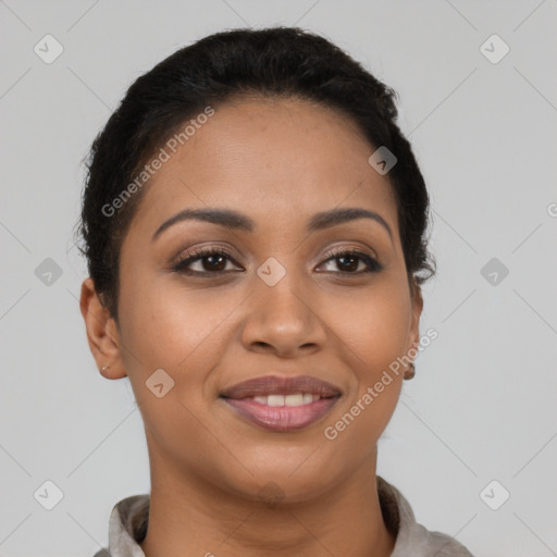 Joyful latino young-adult female with short  brown hair and brown eyes