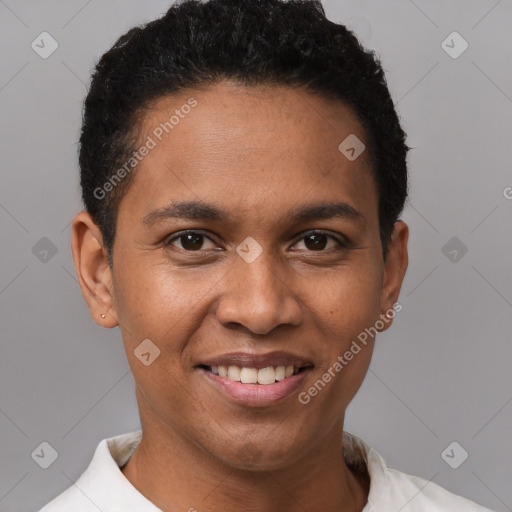 Joyful white young-adult male with short  black hair and brown eyes