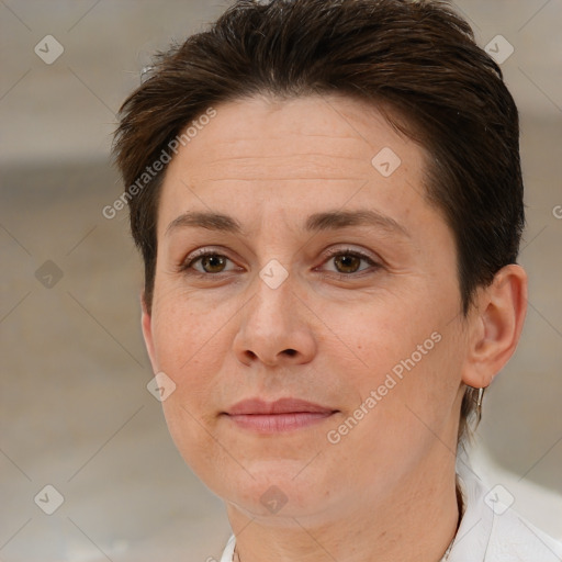 Joyful white adult female with short  brown hair and brown eyes