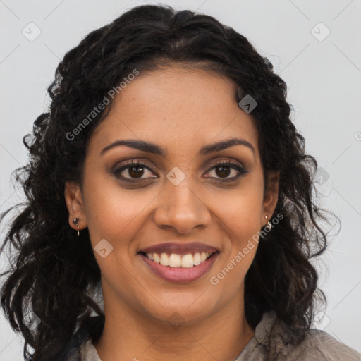 Joyful latino young-adult female with long  brown hair and brown eyes