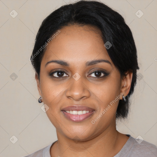 Joyful black young-adult female with medium  black hair and brown eyes