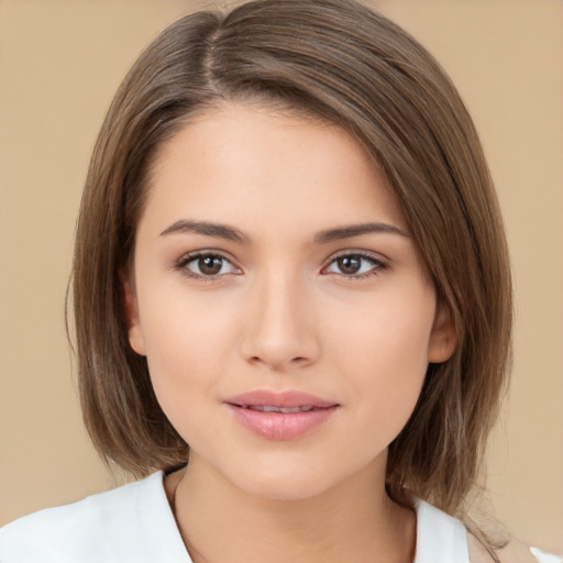 Neutral white young-adult female with medium  brown hair and brown eyes