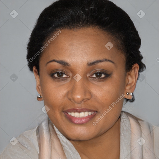 Joyful latino young-adult female with short  black hair and brown eyes