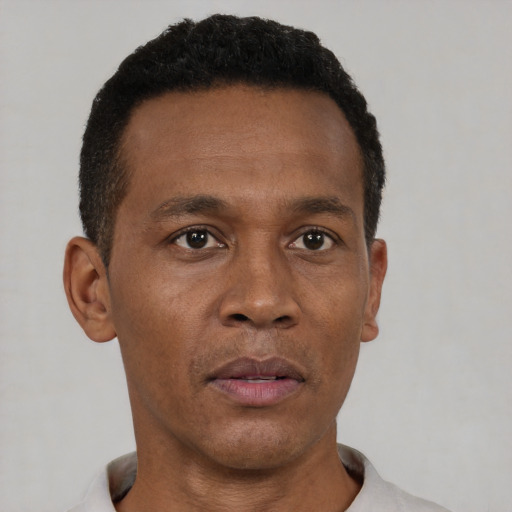 Neutral black adult male with short  black hair and brown eyes
