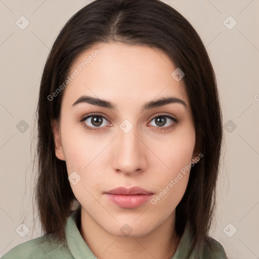 Neutral white young-adult female with medium  brown hair and brown eyes