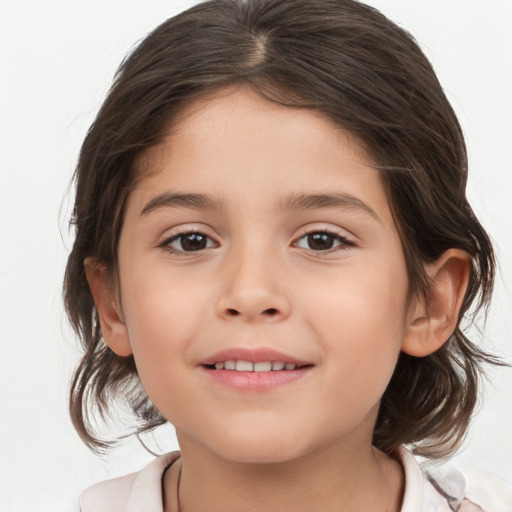 Joyful white child female with medium  brown hair and brown eyes