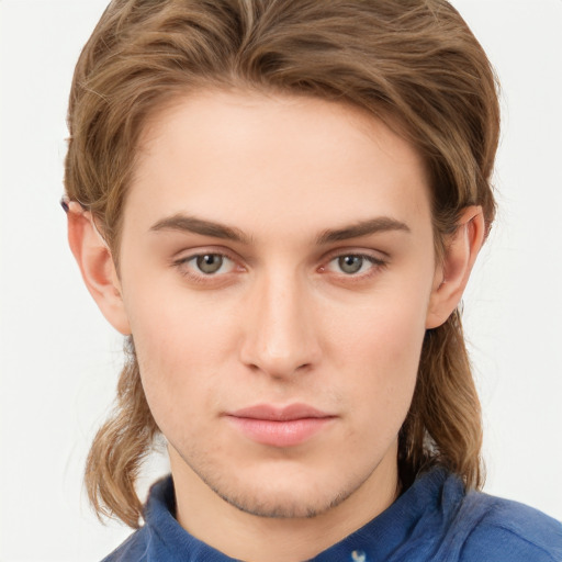 Neutral white young-adult male with medium  brown hair and blue eyes