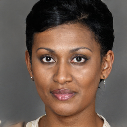 Joyful black young-adult female with short  brown hair and brown eyes