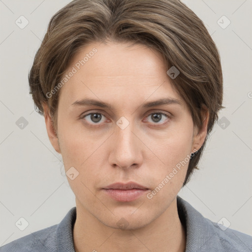 Neutral white young-adult female with short  brown hair and grey eyes