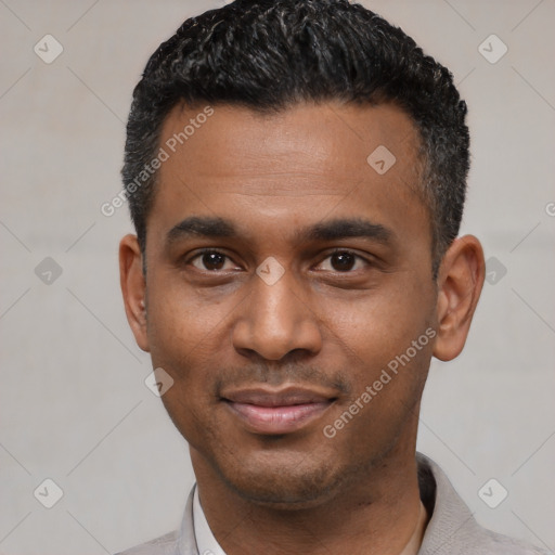 Joyful latino young-adult male with short  black hair and brown eyes