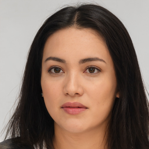 Neutral white young-adult female with long  black hair and brown eyes