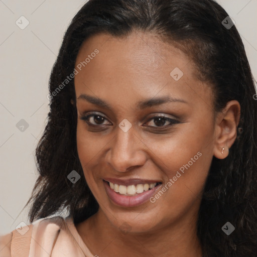 Joyful latino young-adult female with long  brown hair and brown eyes