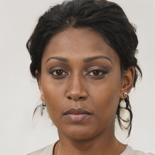 Neutral black young-adult female with medium  brown hair and brown eyes