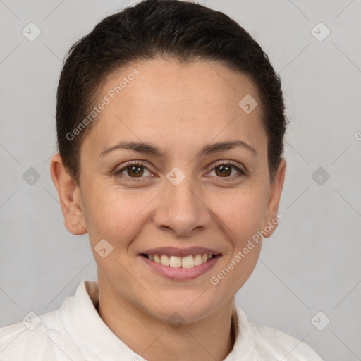 Joyful white young-adult female with short  brown hair and brown eyes