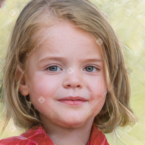 Neutral white child female with medium  brown hair and blue eyes