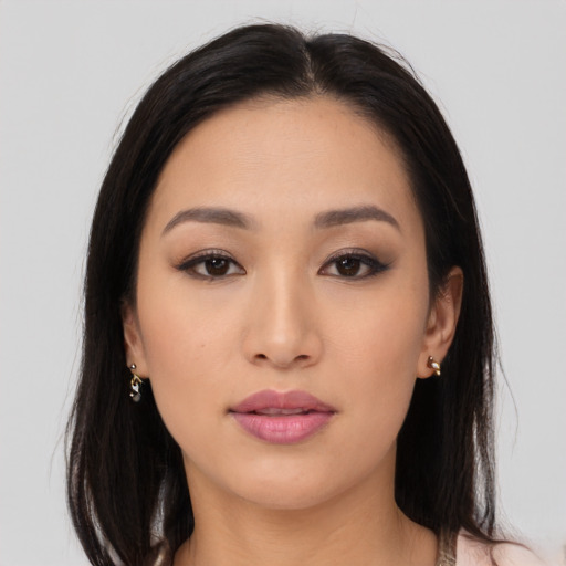 Neutral asian young-adult female with long  black hair and brown eyes