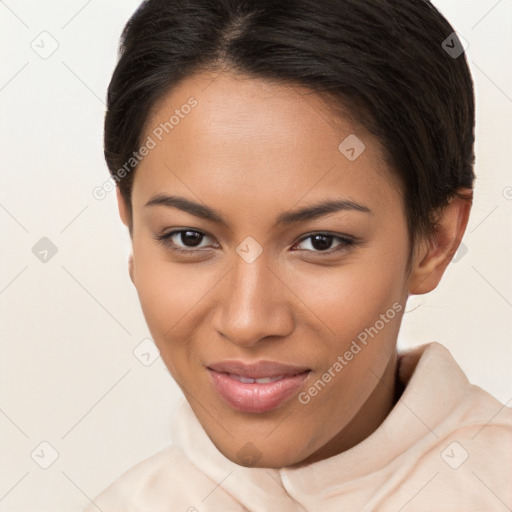 Joyful latino young-adult female with short  brown hair and brown eyes