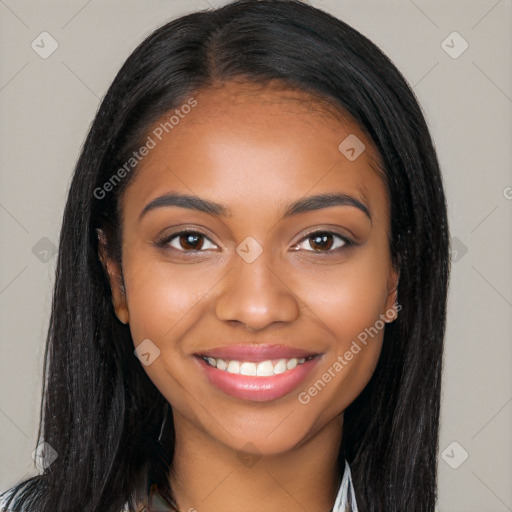 Joyful black young-adult female with long  black hair and brown eyes