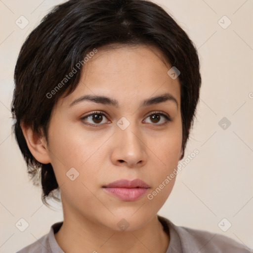 Neutral white young-adult female with medium  brown hair and brown eyes