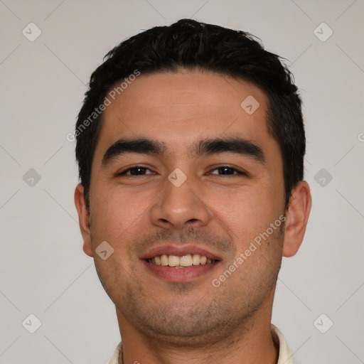 Joyful white young-adult male with short  black hair and brown eyes