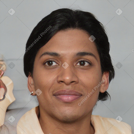 Joyful latino young-adult female with medium  brown hair and brown eyes