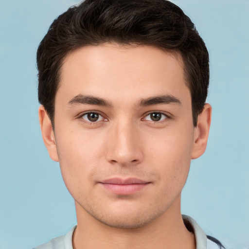 Neutral white young-adult male with short  brown hair and brown eyes