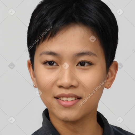 Joyful asian young-adult female with short  black hair and brown eyes