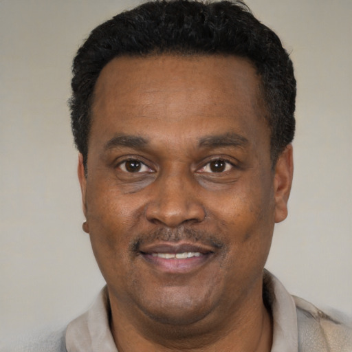 Joyful black adult male with short  black hair and brown eyes