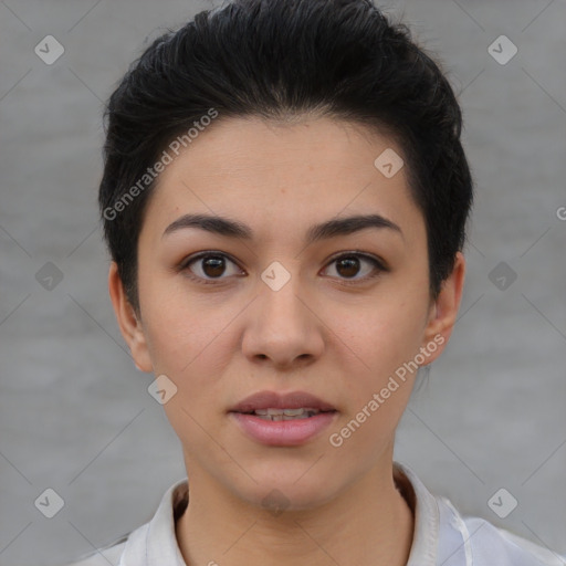 Joyful asian young-adult female with short  brown hair and brown eyes