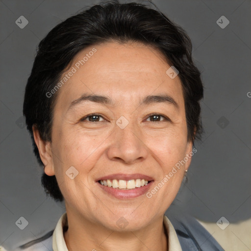 Joyful white adult female with medium  brown hair and brown eyes