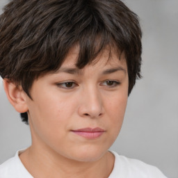 Neutral white young-adult female with short  brown hair and brown eyes