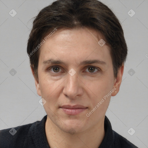 Joyful white adult female with short  brown hair and brown eyes