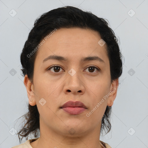 Neutral asian young-adult female with medium  brown hair and brown eyes