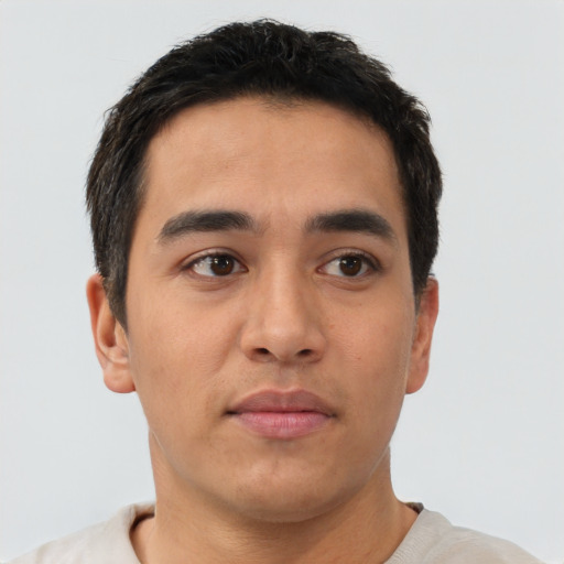 Neutral latino young-adult male with short  brown hair and brown eyes
