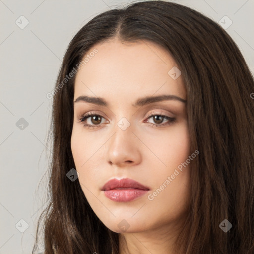 Neutral white young-adult female with long  brown hair and brown eyes