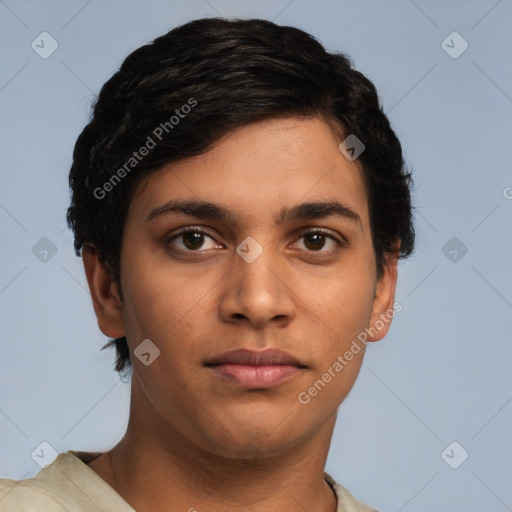 Joyful latino young-adult male with short  brown hair and brown eyes
