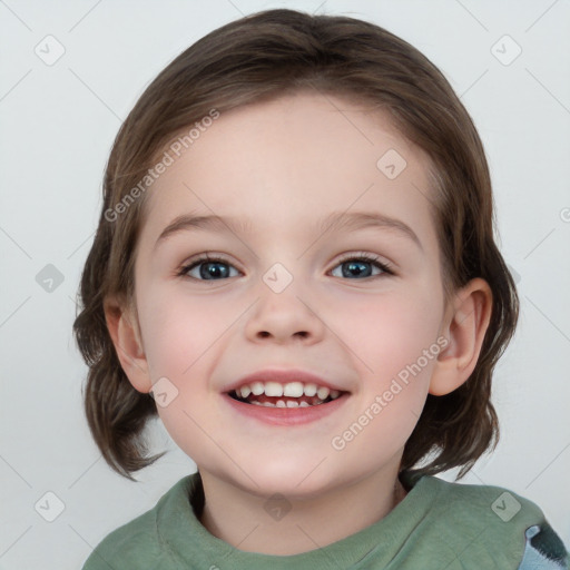 Joyful white child female with medium  brown hair and brown eyes