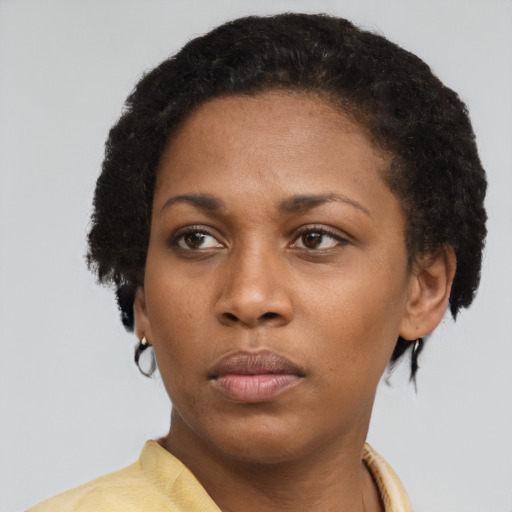 Neutral latino young-adult female with short  black hair and brown eyes