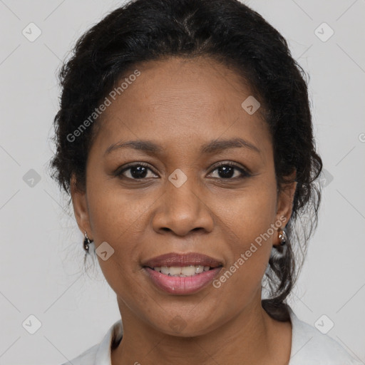 Joyful white adult female with short  brown hair and brown eyes