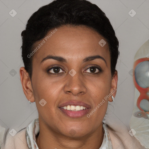 Joyful black young-adult female with short  brown hair and brown eyes