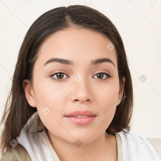 Neutral white young-adult female with medium  brown hair and brown eyes