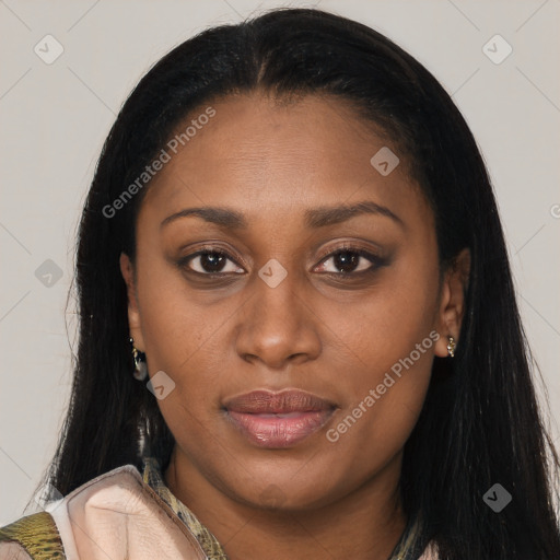 Joyful latino young-adult female with long  brown hair and brown eyes