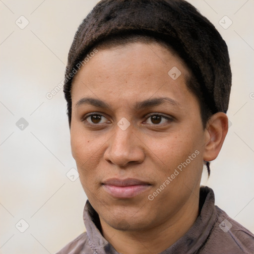 Joyful white young-adult female with short  brown hair and brown eyes