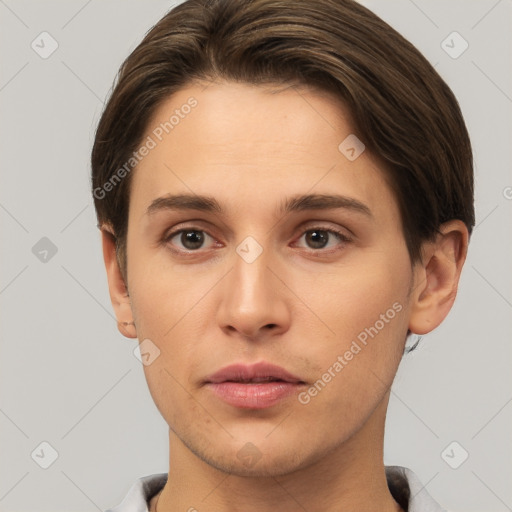 Neutral white young-adult female with short  brown hair and brown eyes