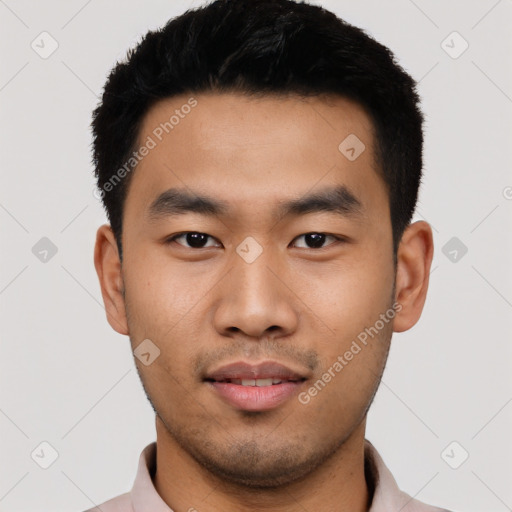 Neutral asian young-adult male with short  black hair and brown eyes